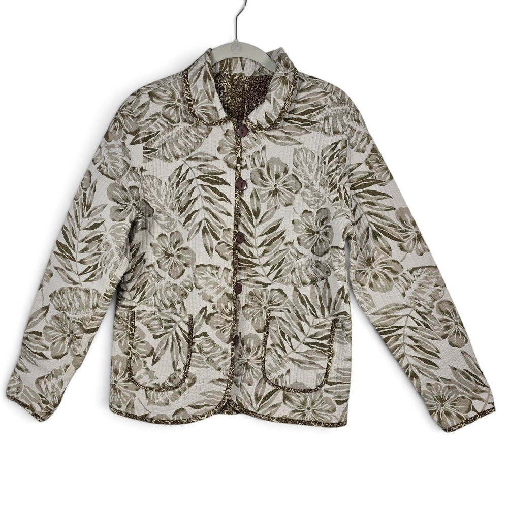 Casual Studio Jacket Womens S Reversible Quilted Brown Olive Floral EUC Tropical